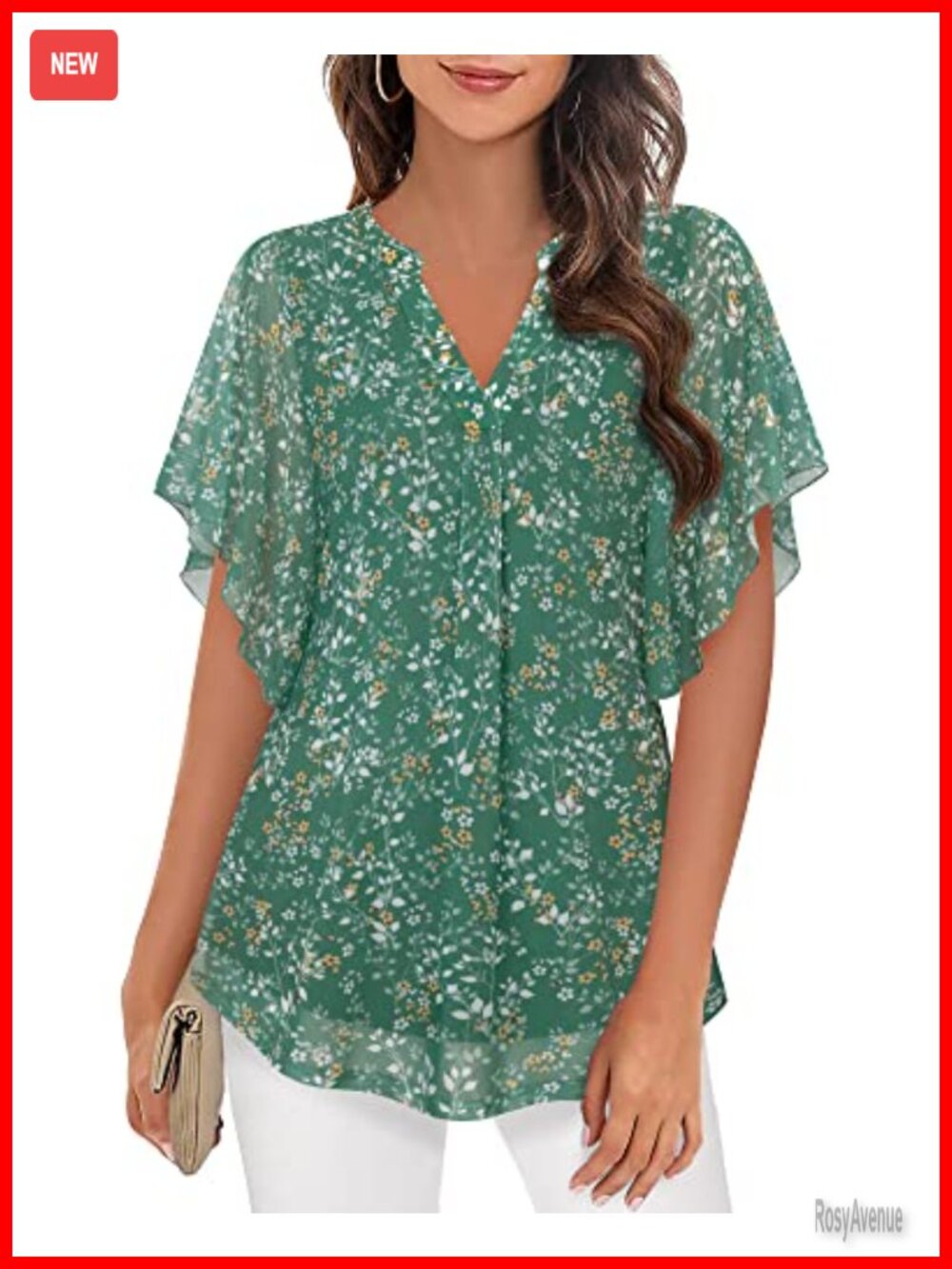 Women Floral Double Layer Mesh Tunic Top V Neck Butterfly Sleeve Blouse